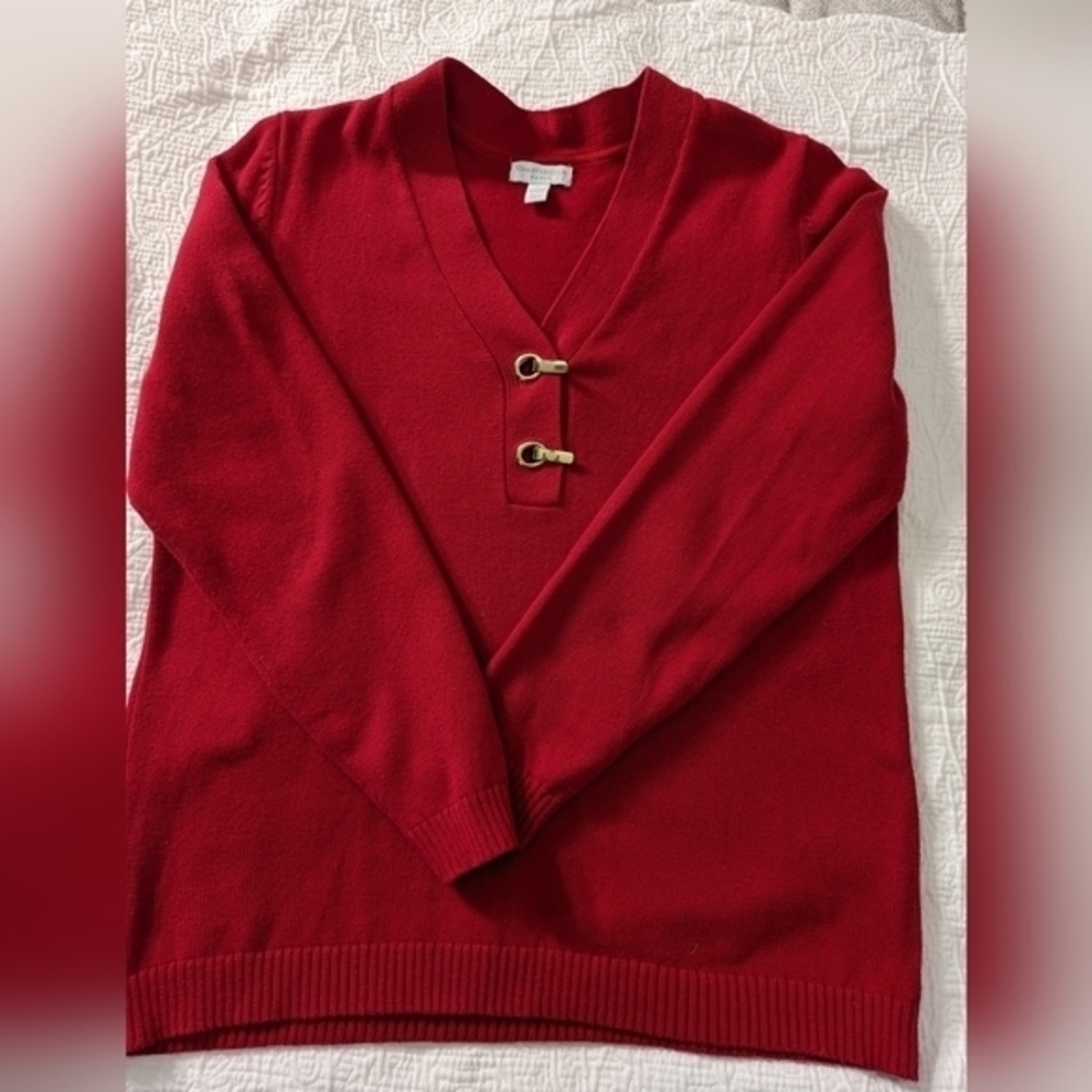 Charter Club Red Women's Sweater V Neck  Gold Grommet And Clasp Closures Size XL - Picture 4 of 9